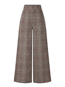GlowEve CURVE Plus Size Women's Autumn/Winter Brown Plaid Fabric Side Waist Metal Buckle Design Minimalist Straight Leg Pants, Suitable For Commuting, Work, Shopping And Daily Wear - Multicolor - View 2