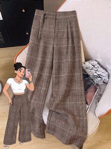 GlowEve CURVE Plus Size Women's Autumn/Winter Brown Plaid Fabric Side Waist Metal Buckle Design Minimalist Straight Leg Pants, Suitable For Commuting, Work, Shopping And Daily Wear - Multicolor - View 4