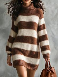 SHEIN Wide Stripe Turtleneck Sweater Dress Drop Shoulder Loose Short Knit Dress - Multicolor - View 2