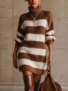 SHEIN Wide Stripe Turtleneck Sweater Dress Drop Shoulder Loose Short Knit Dress - Multicolor - View 1