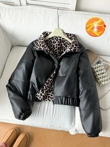SHEIN 青少年女孩黑色PU短款冬季夾克，豹紋內裡拼接設計，時尚休閒日常穿搭 - 黑色 - 查看 3