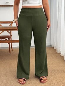 Enliva Plus Size Women's Solid Color Casual Versatile Everyday Long Pants - Army Green - View 4