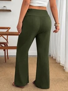 Enliva Plus Size Women's Solid Color Casual Versatile Everyday Long Pants - Army Green - View 3