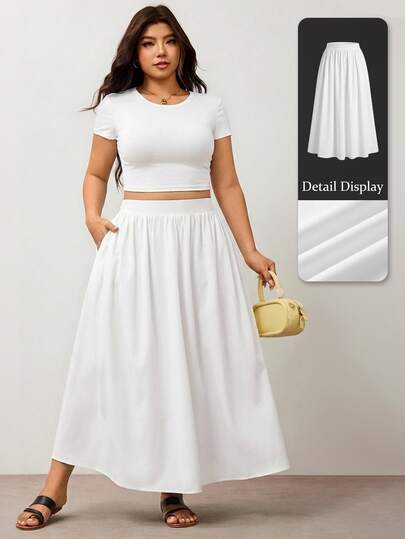 Enliva Plus Size Women's Black A-Line Skirt With Pocket Detail, Commuter Office Wear, Casual Outing Wear, White Skirt, Elastic Waist Skirt Fall