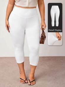 Enliva Plus Size Solid Color High Waist Casual Skinny Leggings, Elastic Capri Length Tight Pants - White - View 10
