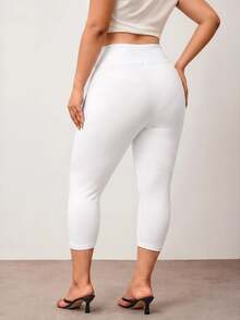 Enliva Plus Size Solid Color High Waist Casual Skinny Leggings, Elastic Capri Length Tight Pants - White - View 3