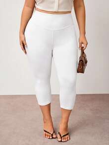 Enliva Plus Size Solid Color High Waist Casual Skinny Leggings, Elastic Capri Length Tight Pants - White - View 7