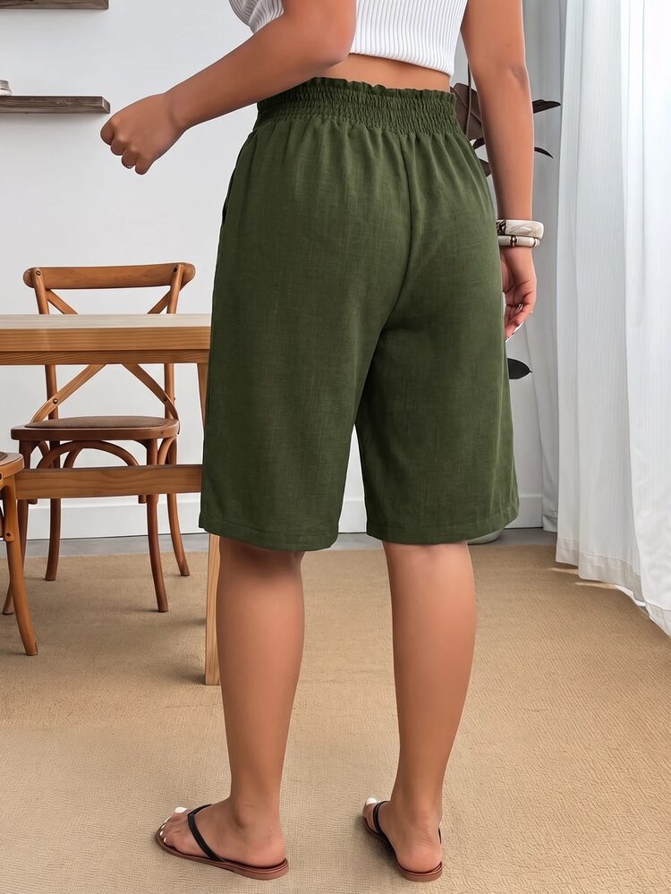 Enliva Plus Size Elastic Waist Woven Casual Six-Point Shorts - Army Green - View 3