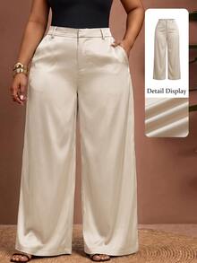 Enliva Plus-Size Women's Wrinkle-Resistant Satin Straight-Leg Loose-Fitting Pants, Perfect For Valentine's Day, Suitable For Pear-Shaped Figures, Brown Satin Pants, Summer Style. - Apricot - View 9
