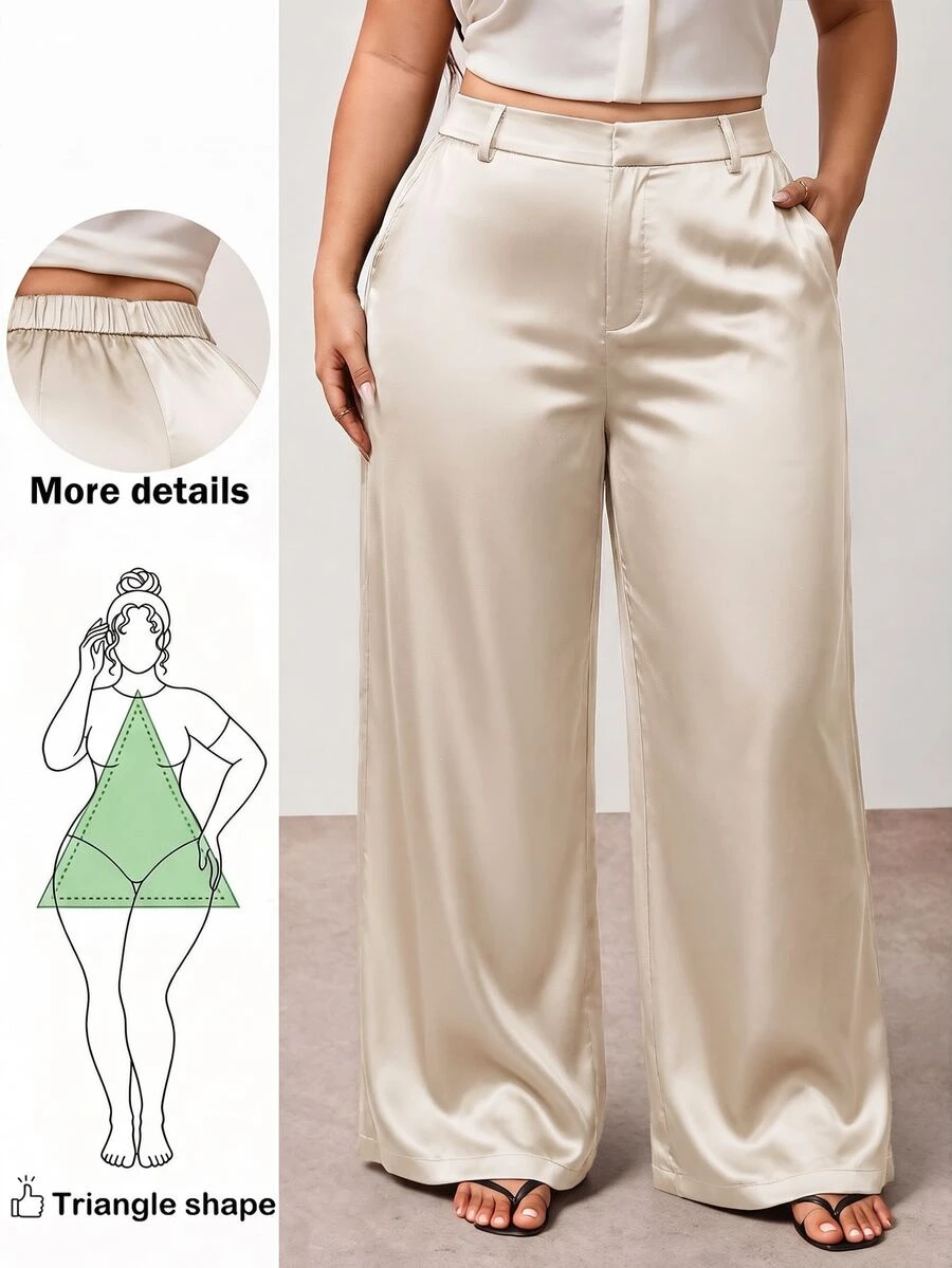 Enliva Plus-Size Women's Wrinkle-Resistant Satin Straight-Leg Loose-Fitting Pants, Perfect For Valentine's Day, Suitable For Pear-Shaped Figures, Brown Satin Pants, Summer Style.