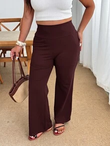 Enliva Plus Size Wide Waistband Flare Leg Pants - Red Violet - View 9