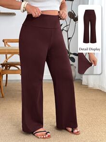Enliva Plus Size Wide Waistband Flare Leg Pants - Red Violet - View 11
