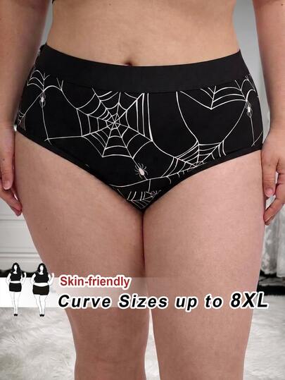 SHEIN CURVE+ Women's High Elasticity Mid-Waist Sexy Spider Web Print Panties, Halloween Holiday Print, Women's Underwear, Suitable For Autumn/Winter
