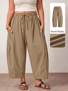 Enliva Plus Size Loose Fit Drawstring Casual Cropped Pants Fall - Khaki - View 10