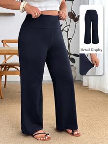Enliva Plus Size Wide Waistband Flare Leg Pants - Navy Blue - View 11