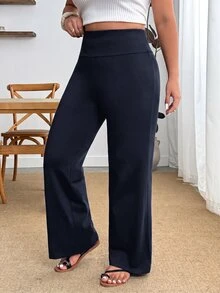 Enliva Plus Size Wide Waistband Flare Leg Pants - Navy Blue - View 5