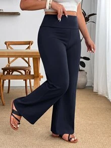 Enliva Plus Size Wide Waistband Flare Leg Pants - Navy Blue - View 7