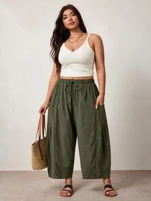Enliva Plus Size Loose Fit Drawstring Casual Traditional Elegant Cropped Pants Vacation Beach Army Green Autumn Fall - Army Green - View 6