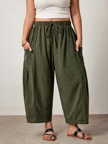 Enliva Plus Size Loose Fit Drawstring Casual Traditional Elegant Cropped Pants Vacation Beach Army Green Autumn Fall - Army Green - View 4