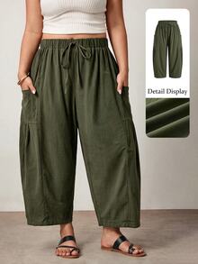 Enliva Plus Size Loose Fit Drawstring Casual Traditional Elegant Cropped Pants Vacation Beach Army Green Autumn Fall - Army Green - View 9