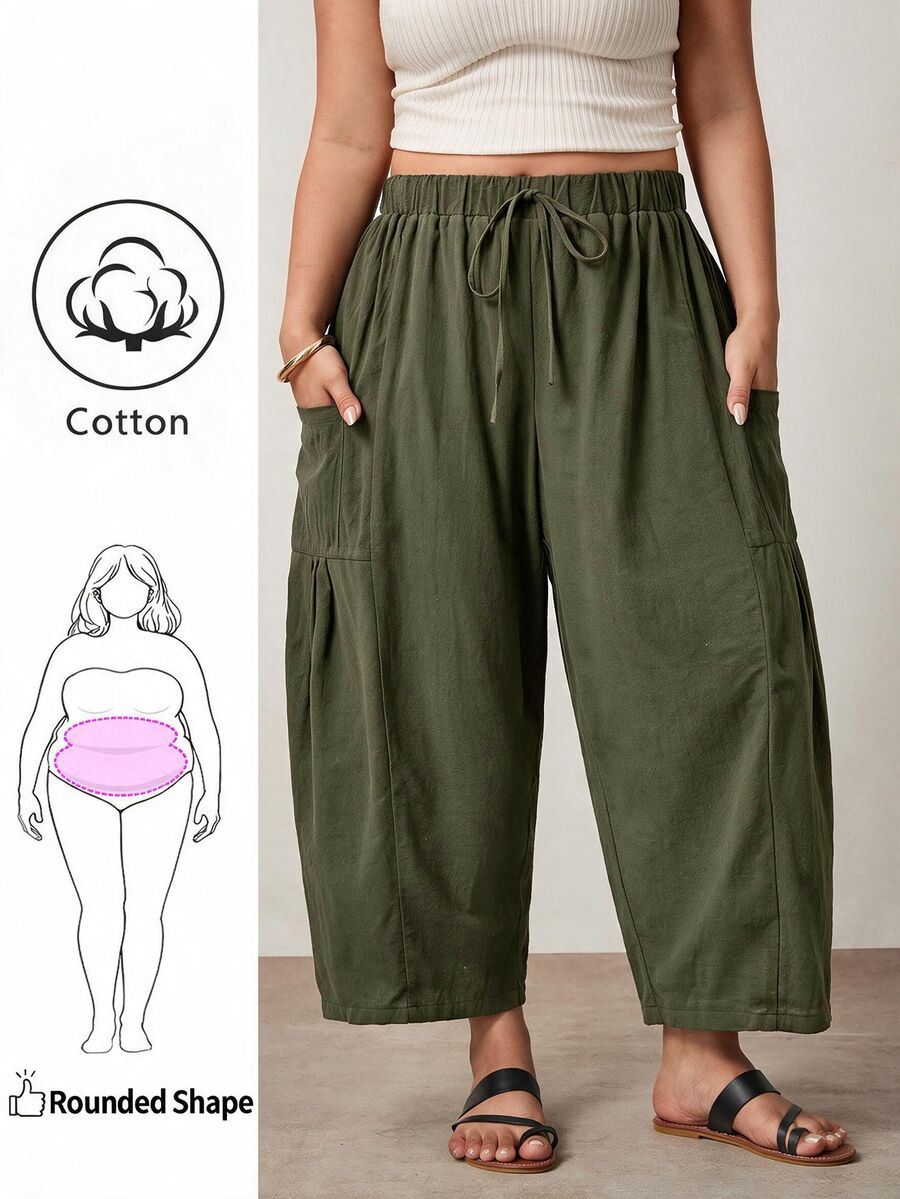 Enliva Plus Size Loose Fit Drawstring Casual Traditional Elegant Cropped Pants Vacation Beach Army Green Autumn Fall
