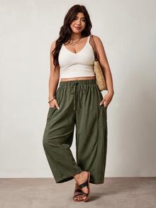 Enliva Plus Size Loose Fit Drawstring Casual Traditional Elegant Cropped Pants Vacation Beach Army Green Autumn Fall - Army Green - View 7
