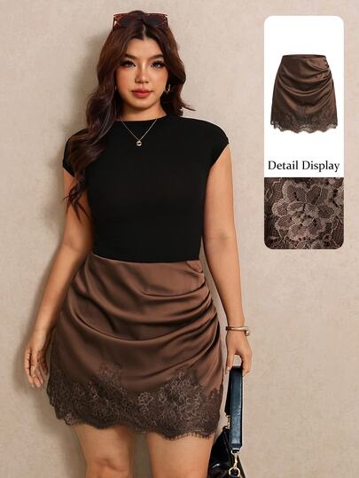 Elaquor Plus Size Satin Contrast Lace Ruched Skirt Fall/Winter Elegant Daily Going Out Skirt For Women Fall/Winter Casual Homecoming Skirt Elegant Work Skirt