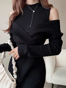 FRIFUL Women's Solid Color Stand Collar Drop Shoulder Long Sleeve Slim Fit Sweater Dress - Khaki - View 3