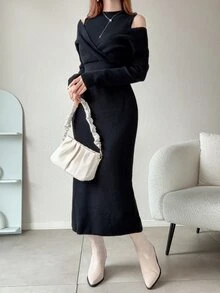 FRIFUL Women's Solid Color Stand Collar Drop Shoulder Long Sleeve Slim Fit Sweater Dress - Khaki - View 5