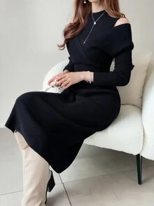 FRIFUL Women's Solid Color Stand Collar Drop Shoulder Long Sleeve Slim Fit Sweater Dress - Khaki - View 6