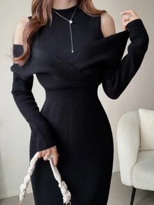 FRIFUL Women's Solid Color Stand Collar Drop Shoulder Long Sleeve Slim Fit Sweater Dress - Khaki - View 4
