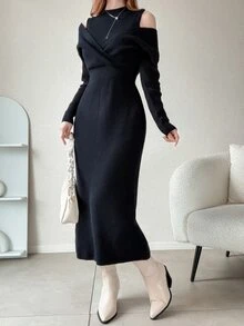 FRIFUL Women's Solid Color Stand Collar Drop Shoulder Long Sleeve Slim Fit Sweater Dress - Khaki - View 8