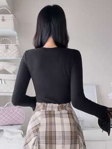 FRIFUL Women's Round Neck Long Sleeve Lace Tie Solid Color T-Shirt - Black - View 3