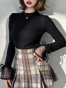 FRIFUL Women's Round Neck Long Sleeve Lace Tie Solid Color T-Shirt - Black - View 1