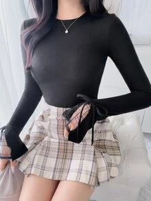 FRIFUL Women's Round Neck Long Sleeve Lace Tie Solid Color T-Shirt - Black - View 6