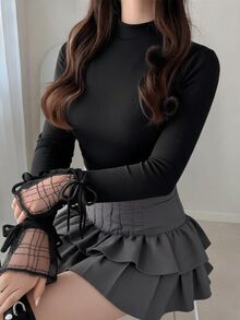 FRIFUL Women's Round Neck Long Sleeve Lace Tie Solid Color T-Shirt - Black - View 10