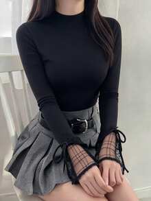 FRIFUL Women's Round Neck Long Sleeve Lace Tie Solid Color T-Shirt - Black - View 9