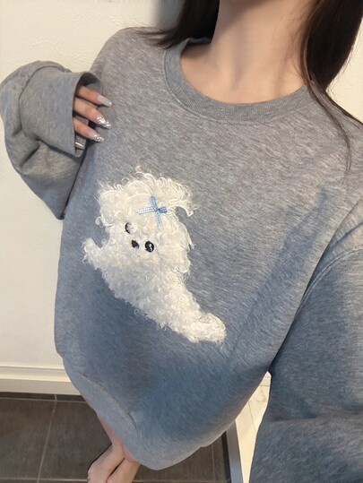 FRIFUL Women's Cartoon Dog Print Round Neck Drop Shoulder Long Sleeve Casual Sweatshirt