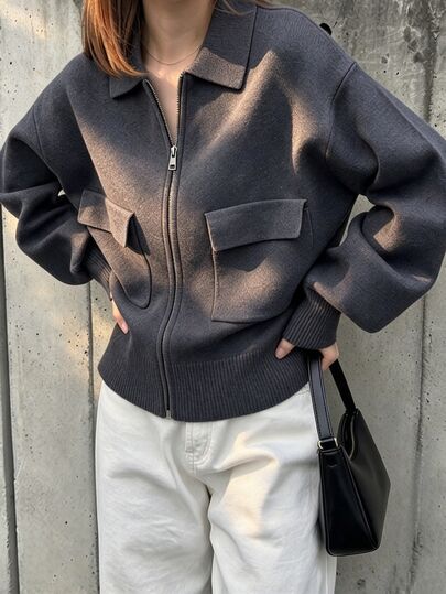 FRIFUL Women's Long Sleeve Solid Color Cuffed Pocket Decor Zipper Casual Jacket Cardigan