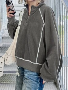 FRIFUL 女款拼色休閒百搭日常穿著長袖連帽衛衣 - 灰色 - 查看 2