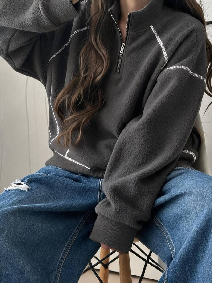 FRIFUL 女款拼色休閒百搭日常穿著長袖連帽衛衣 - 灰色 - 查看 1