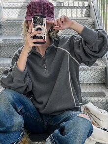 FRIFUL 女款拼色休閒百搭日常穿著長袖連帽衛衣 - 灰色 - 查看 7