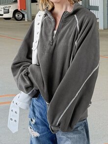 FRIFUL 女款拼色休閒百搭日常穿著長袖連帽衛衣 - 灰色 - 查看 6