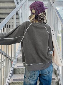 FRIFUL 女款拼色休閒百搭日常穿著長袖連帽衛衣 - 灰色 - 查看 3