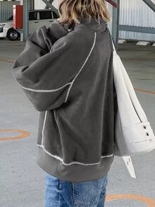 FRIFUL 女款拼色休閒百搭日常穿著長袖連帽衛衣 - 灰色 - 查看 4