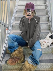 FRIFUL 女款拼色休閒百搭日常穿著長袖連帽衛衣 - 灰色 - 查看 8