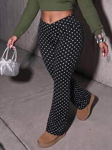 Slaydiva Plus Size Women Polka Dot Pattern High Waist Criss-Cross Design Flared Leggings, Suitable For Autumn/Winter - Black - View 2