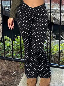 Slaydiva Plus Size Women Polka Dot Pattern High Waist Criss-Cross Design Flared Leggings, Suitable For Autumn/Winter - Black - View 4