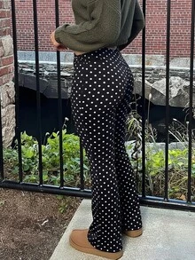 Slaydiva Plus Size Women Polka Dot Pattern High Waist Criss-Cross Design Flared Leggings, Suitable For Autumn/Winter - Black - View 6