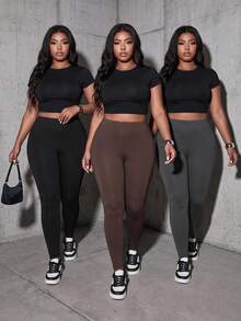 Slaydiva 3pcs/Set Plus Size Casual Soft Leggings In Black, Chocolate Brown Gray Suitable For Summer, And Suitable For Going Out Gym Formal Women's Sportswear - Multicolor - View 2
